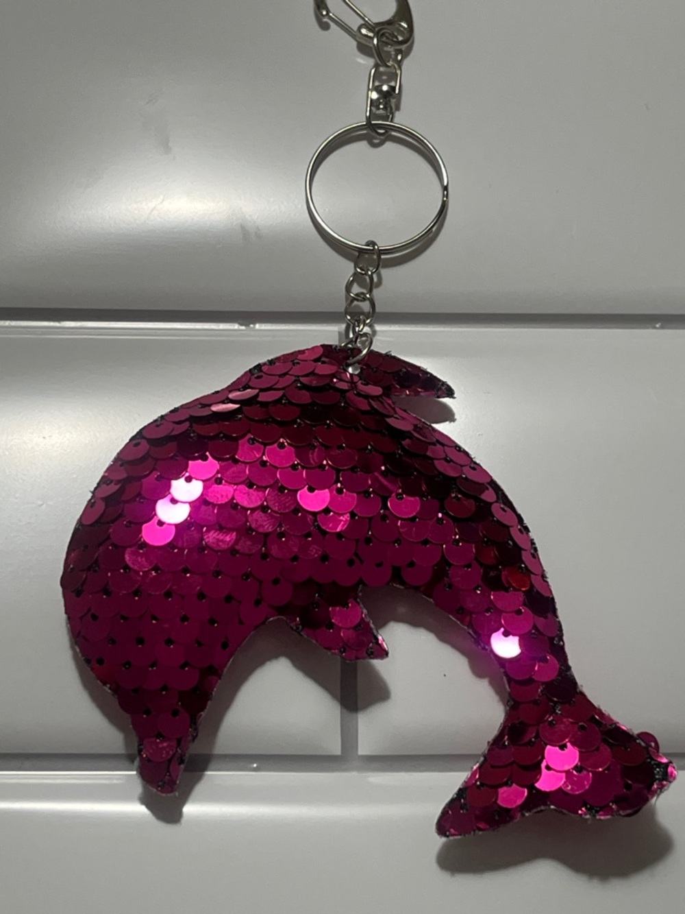 Sequin Dolphin Keychain in Hot Pink Hand Crafted - Picture 2 of 4